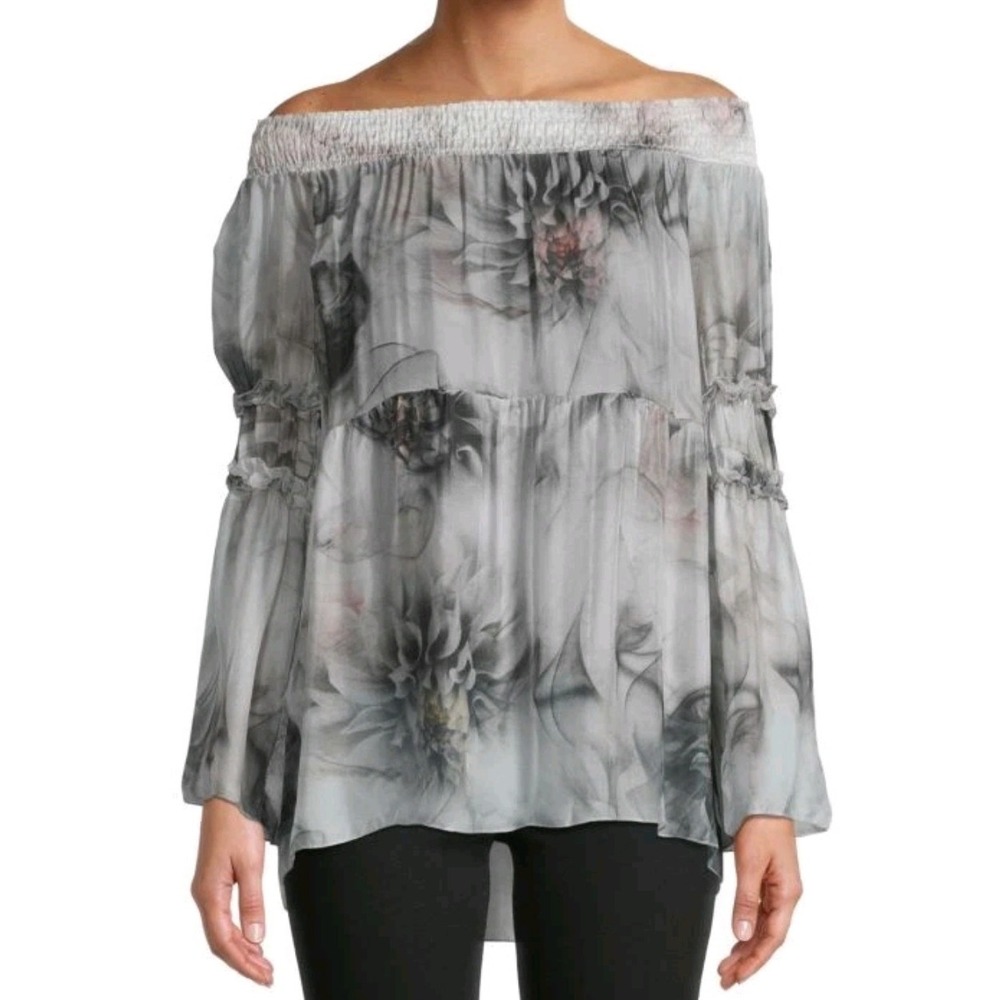Le Marais Off Shoulder Floral Silk Top Poet Chiffon M Whimsical Cottage Ethereal